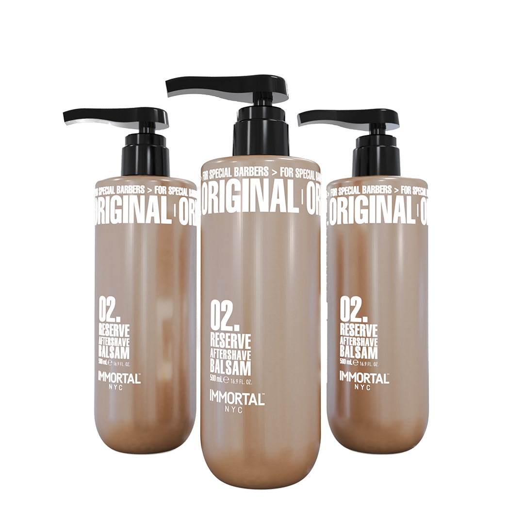 Balsam după ras Immortal Reserve 500ml, Olimpstore, sticlă maro cu pompiță neagră.