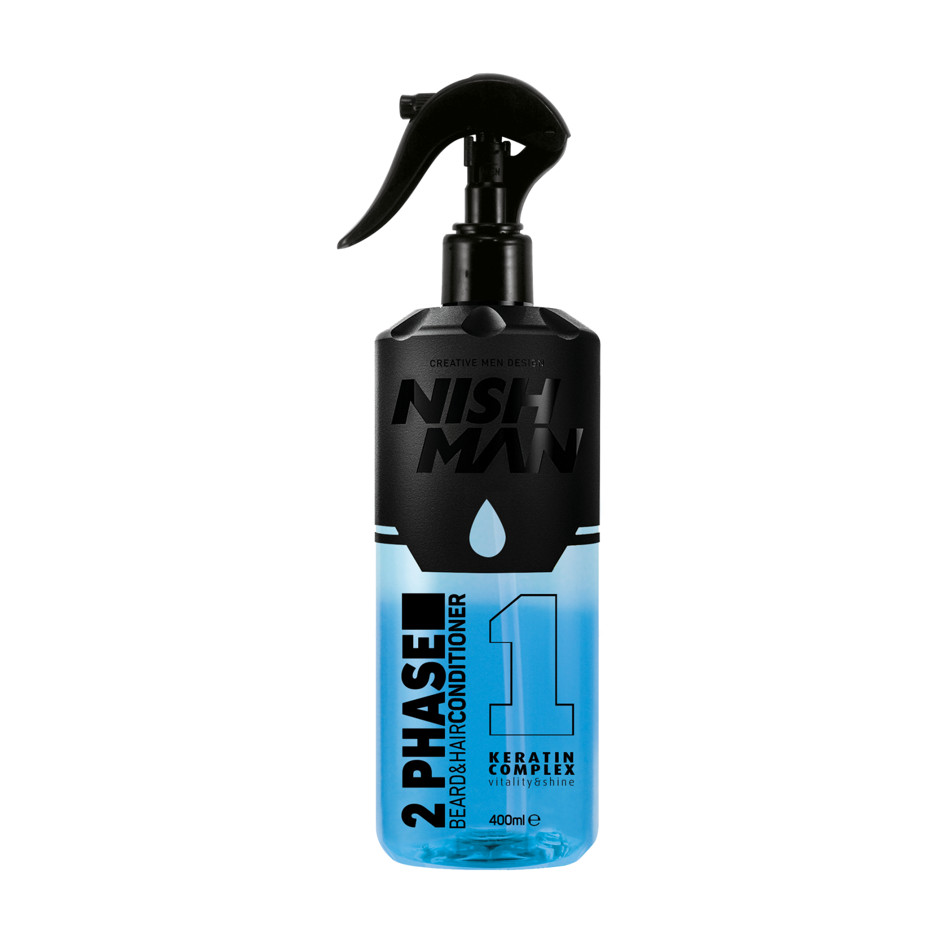 Balsam spray bifazic păr și barbă Nishman 400ml, Olimpstore, flacon negru și albastru.