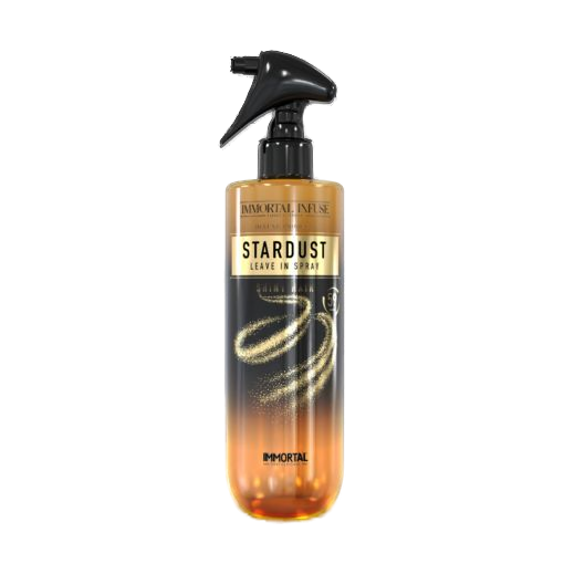 Balsam-spray bifazic Immortal Infuse Stardust, 500ml, Olimpstore, sticlă cu sclipici și pulverizator negru.
