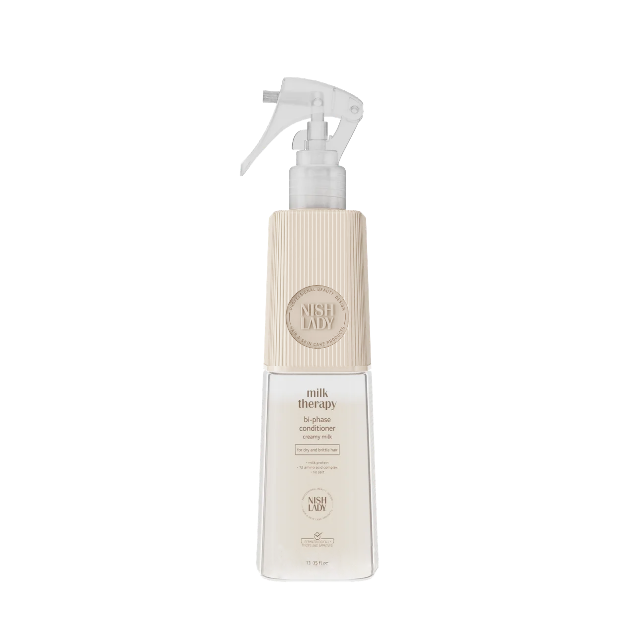 Balsam-spray bifazic Olimpstore NishLady Milk Therapy 386ml pentru păr uscat și deteriorat.