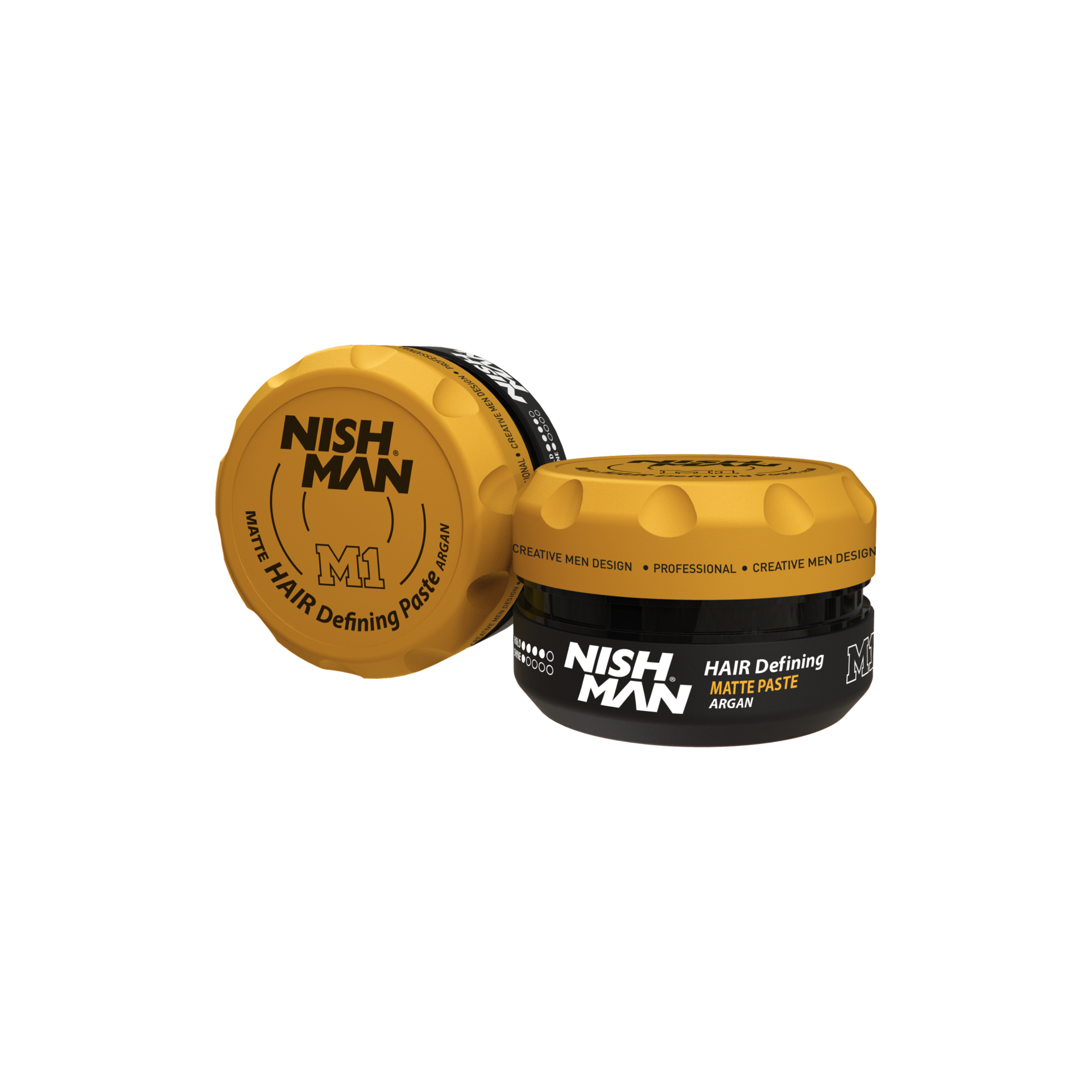 Ceară mată păr Nishman Matte Paste M1 Argan Olimpstore, capac galben, borcan negru.