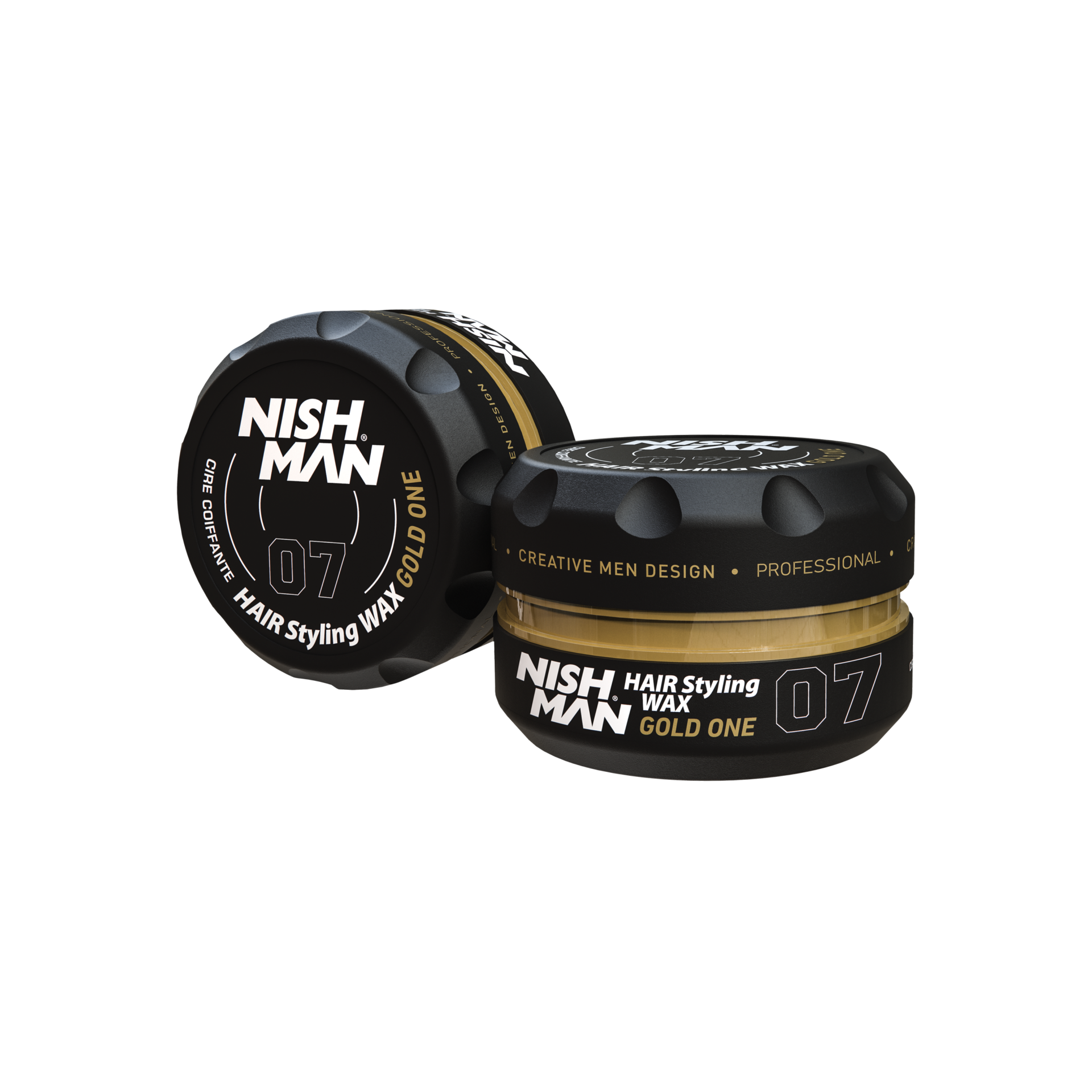 Ceară păr Nishman Hair Styling Aqua Wax 07 Olimpstore, ambalaj negru și auriu, capac texturat.