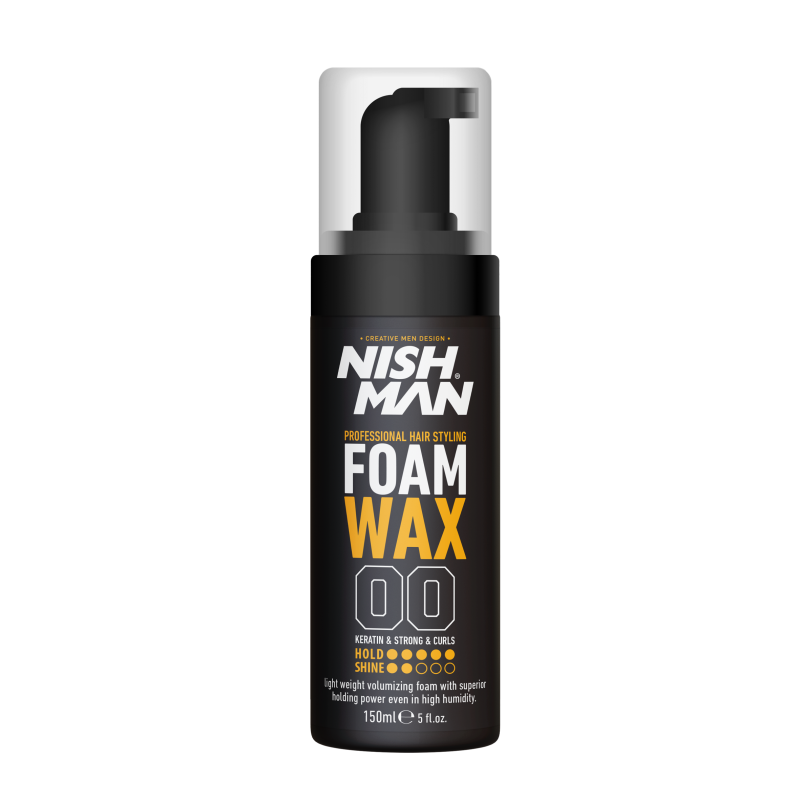 Ceară-spumă păr Nishman Foam Wax 150ml, brand Olimpstore, sticlă neagră cu dozator gri.