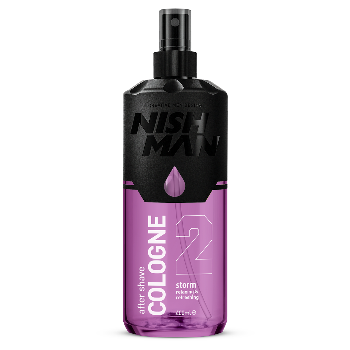 Colonie după ras Nishman 02 Storm 400ml Olimpstore, sticlă mov, capac negru.