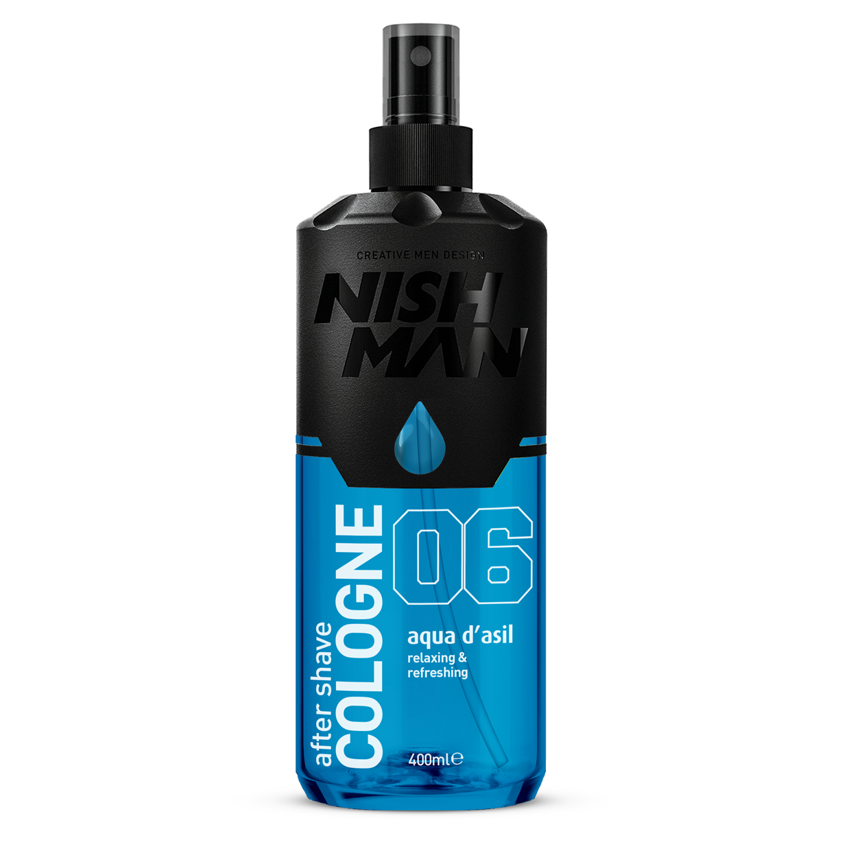 Colonie după ras Nishman 06 Aqua D’asil 400ml, sticlă albastră, brand Olimpstore.