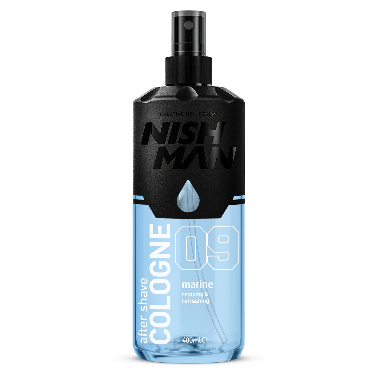Olimpstore cologne după ras Nishman 09 Marine 400ml, sticlă albastră transparentă cu capac negru.