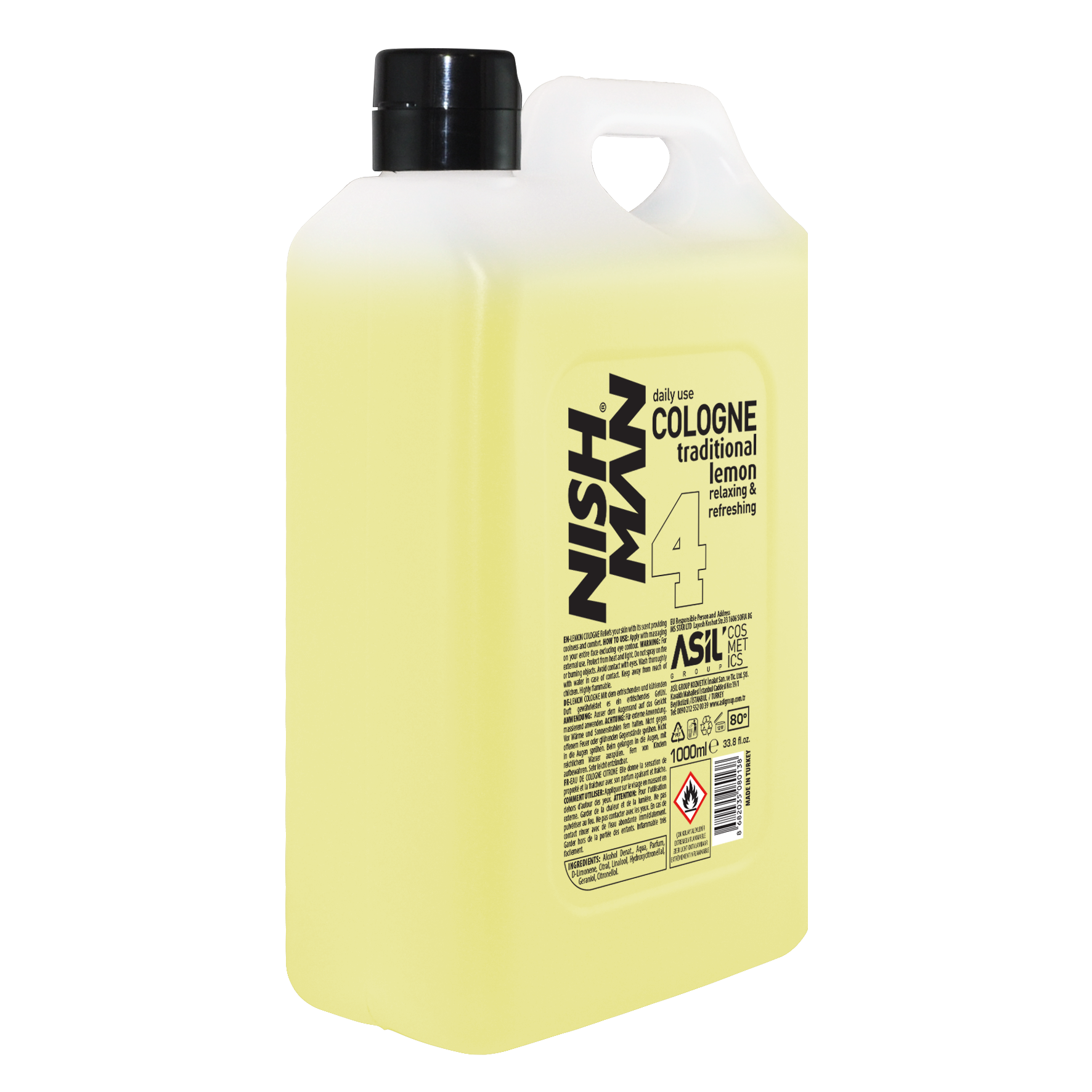 Colonie după ras Nishman Lemon 1000ml, brand Olimpstore, sticlă galbenă cu capac negru.