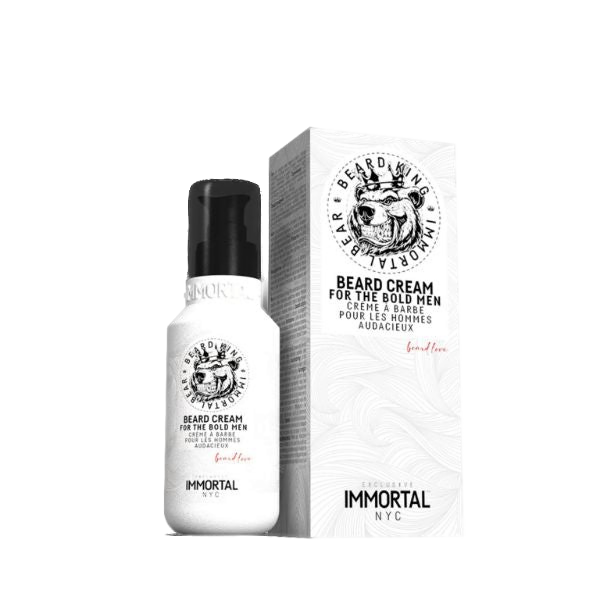 Crema styling barbă Immortal NYC 100ml, Olimpstore, flacon alb cu pompiță neagră.