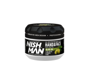 Cremă față și mâini Nishman cu ulei de măsline 300ml, brand Olimpstore, ambalaj negru cu detalii verzi.