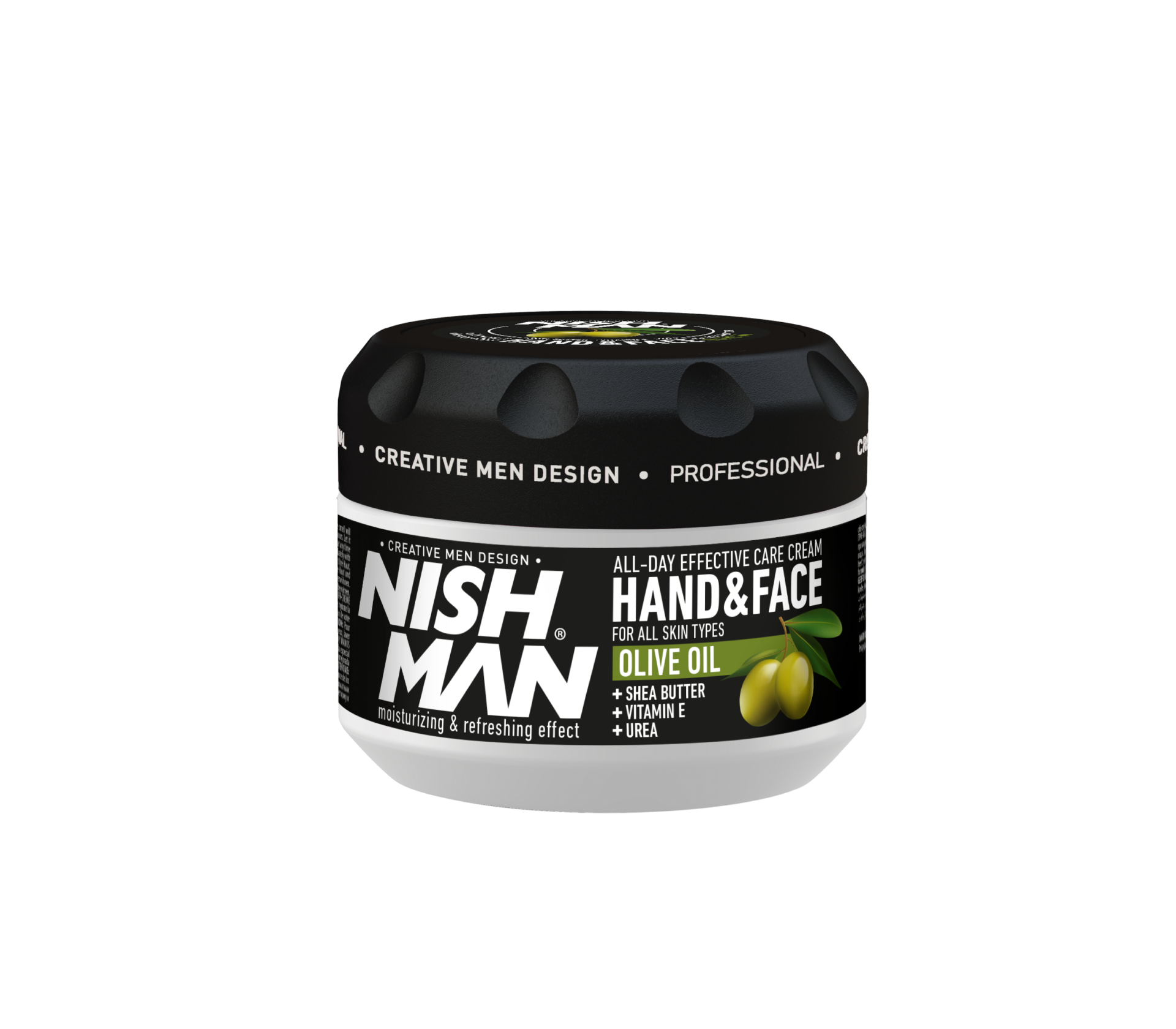Cremă față și mâini Nishman cu ulei de măsline 300ml, brand Olimpstore, ambalaj negru cu detalii verzi.