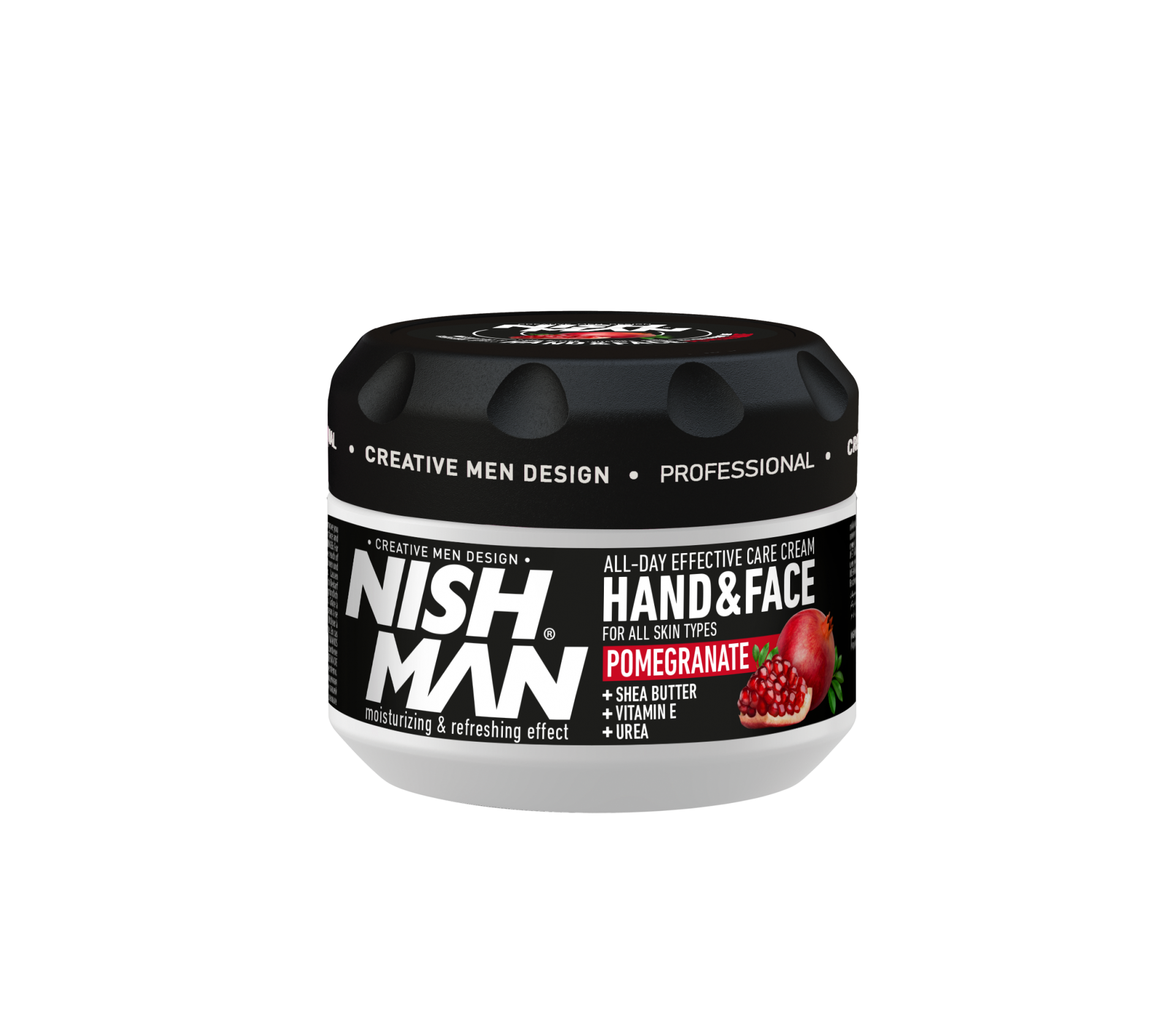 Cremă Olimpstore pentru față și mâini Nishman, rodie, 300ml, cutie neagră și albă.