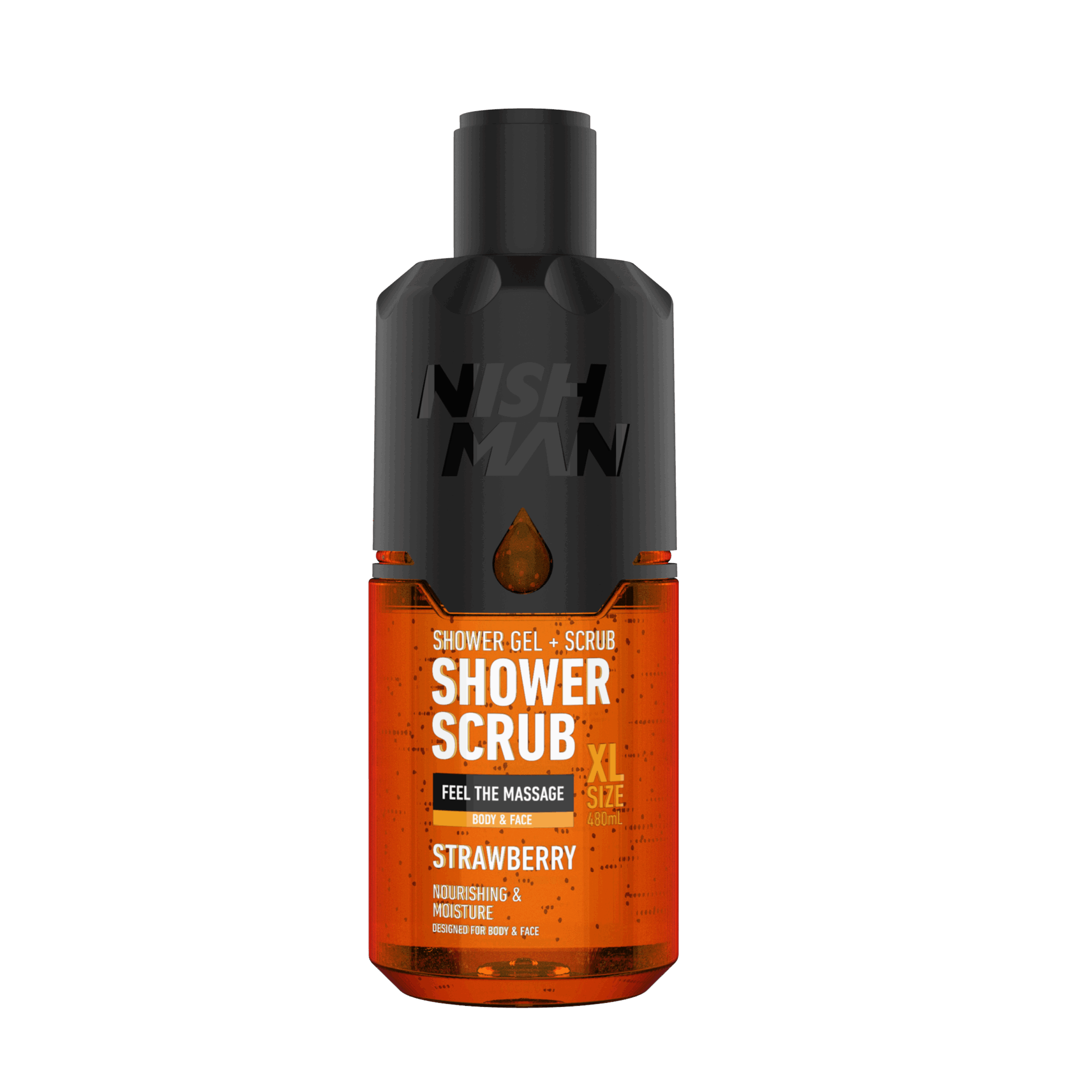 Gel de duș și scrub Nishman Strawberry Olimpstore, ambalaj negru și portocaliu.