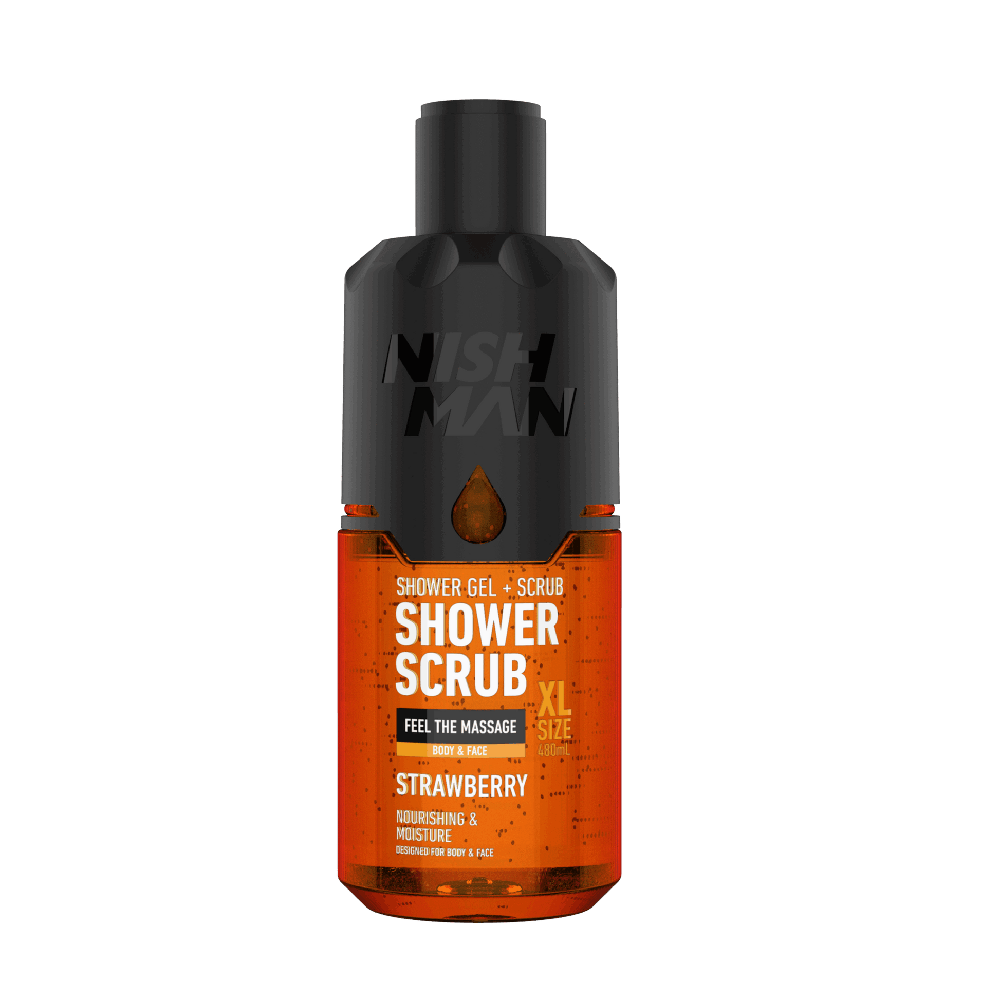 Gel de duș și scrub Nishman Strawberry Olimpstore, ambalaj negru și portocaliu.