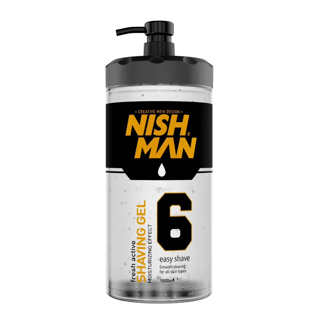 Gel de ras Nishman Shaving Gel 6 Easy Shave 1500ml, marca Olimpstore, flacon transparent cu pompă neagră.