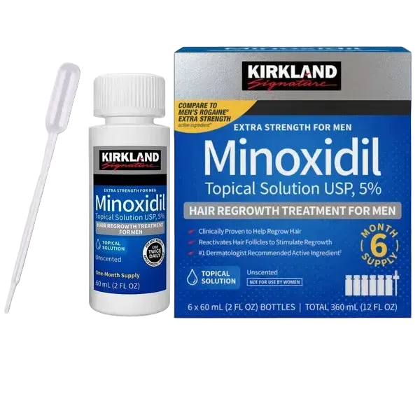 Kirkland Minoxidil 5% soluție topică 60ml Olimpstore, cutie și flacon albe cu pipetă albă.