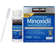 Kirkland Minoxidil 5% soluție topică 60ml Olimpstore, cutie și flacon albe cu pipetă albă.