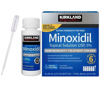 Kirkland Minoxidil 5% soluție topică 60ml Olimpstore, cutie și flacon albe cu pipetă albă.