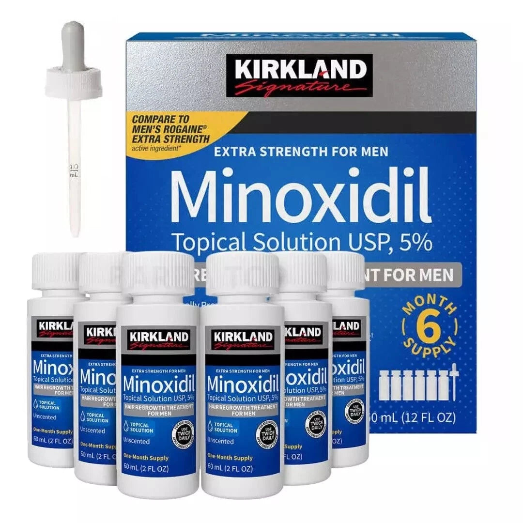 Kirkland Minoxidil 5% 60ml, tratament anticadere, brand Olimpstore, cutie albastră cu pipetă.