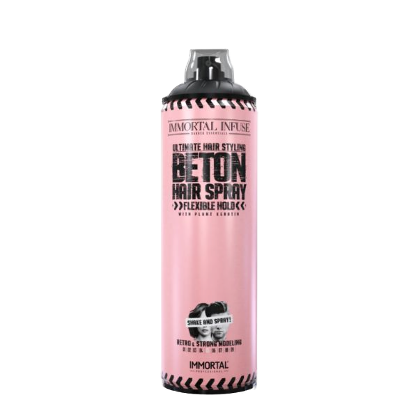 Spray păr 500ml Immortal Beton Flexible Gold, Olimpstore, recipient roz, capac negru.