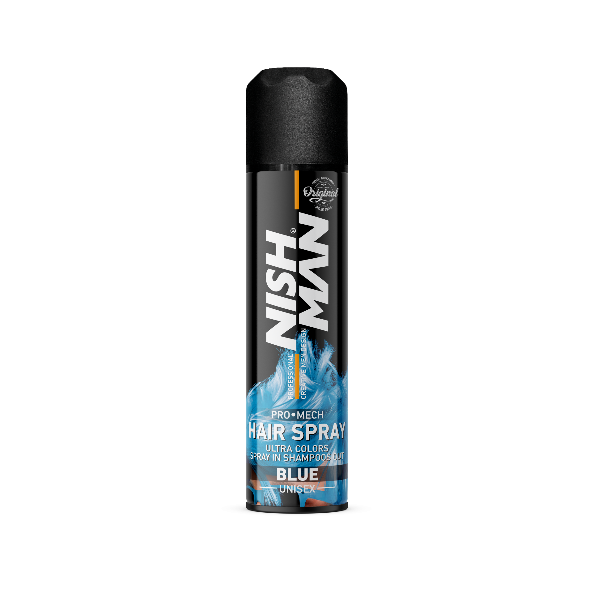 Lac de păr albastru Nishman Pro Mech 150ml, brand Olimpstore, în sticlă neagră și albastru.