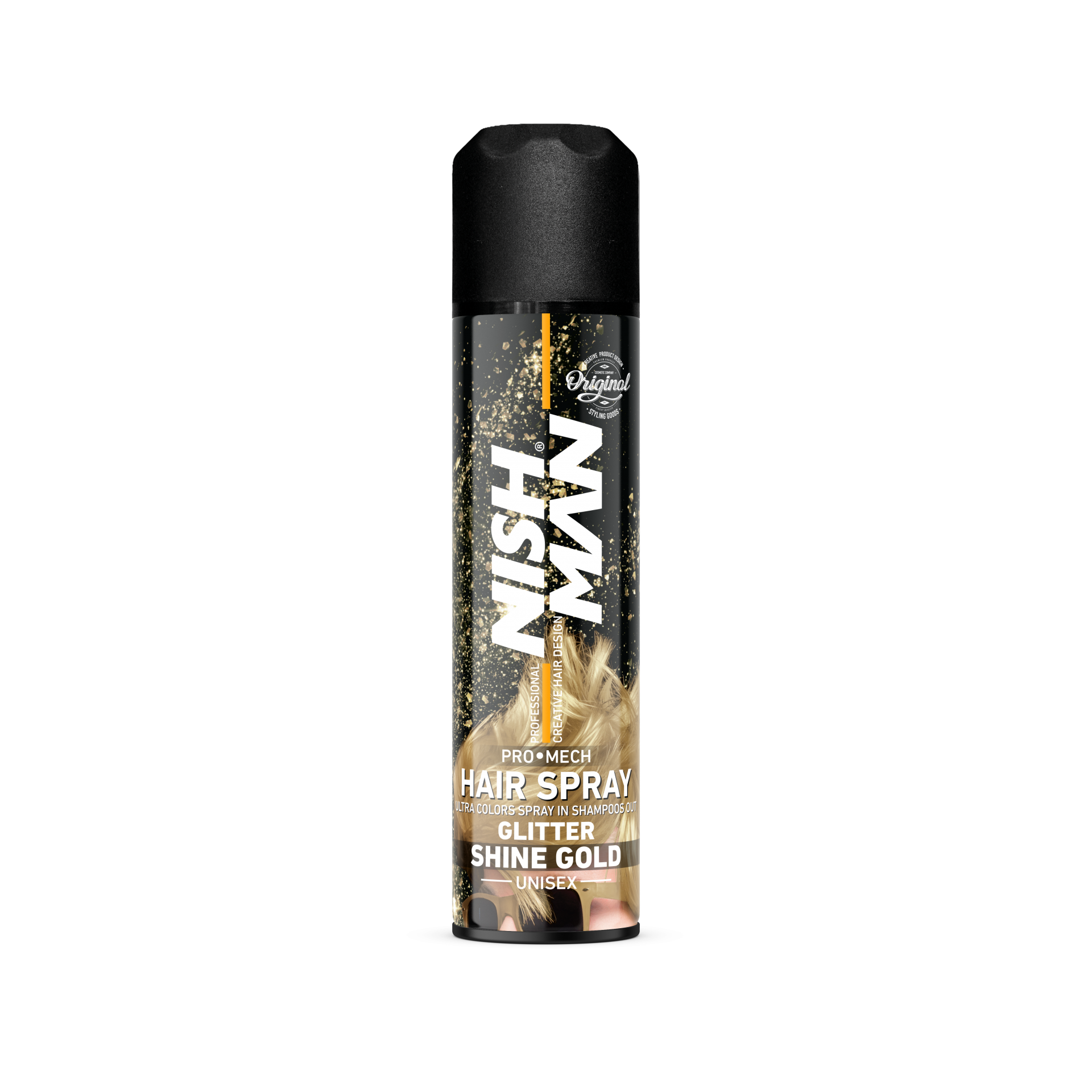 Lac de păr colorat Nishman Shine Gold 150ml, brand Olimpstore, ambalaj negru cu model auriu.