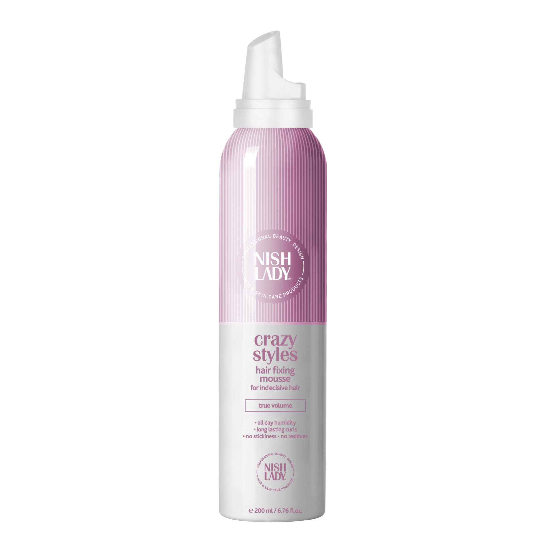 Mousse coafat NishLady 200ml Olimpstore, ambalaj roz și alb.