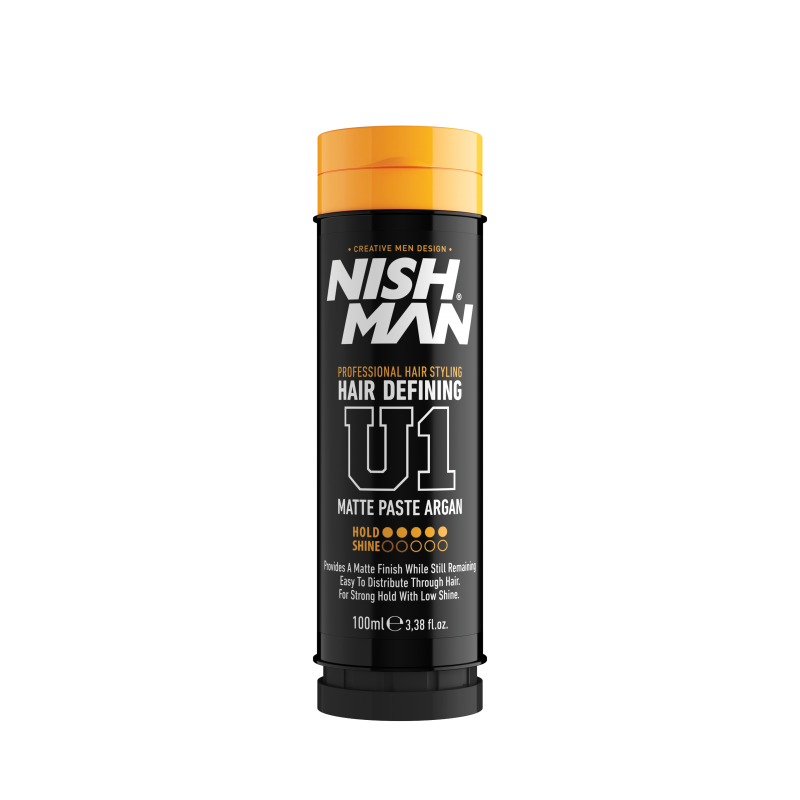 Pastă mată styling Nishman U1 Argan 100ml, ambalaj negru-galben, Olimpstore.