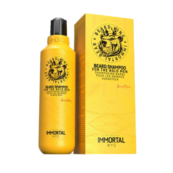 Șampon barbă galben Immortal NYC 250ml, brand Olimpstore, cutie și sticlă cu design modern.
