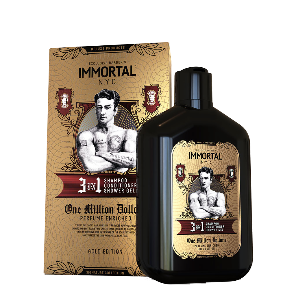 Șampon 3în1 Immortal Infuse 500ml Olimpstore, sticlă neagră, ambalaj auriu.