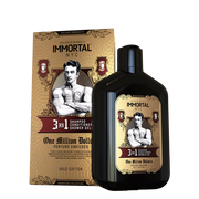 Șampon 3în1 Immortal Infuse 500ml Olimpstore, sticlă neagră, ambalaj auriu.