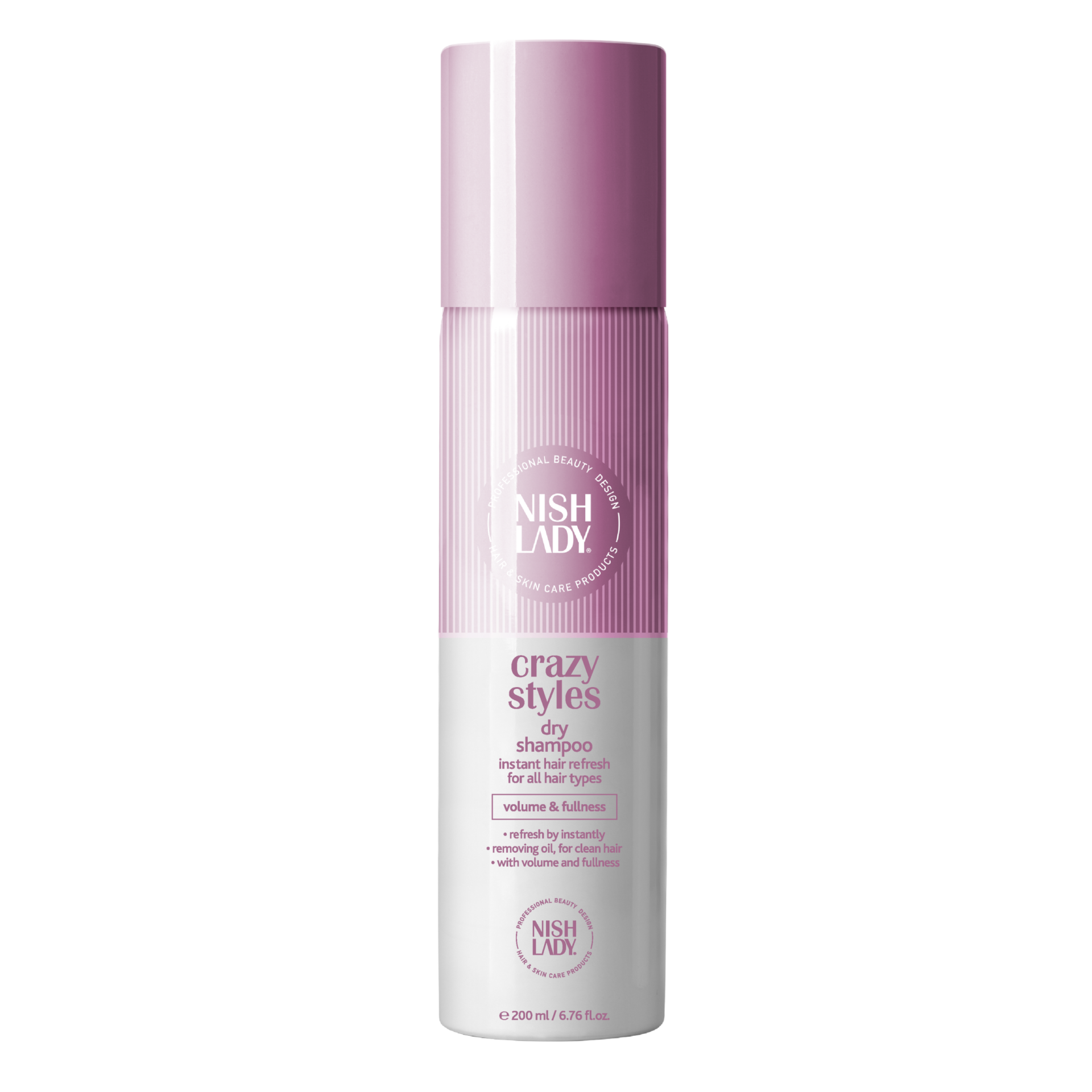 Șampon uscat Olimpstore NishLady 200ml, roz și alb, pentru un păr revigorat rapid.