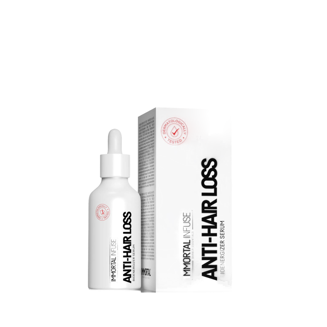 Ser anti-cădere păr Immortal Infuse 100ml cu pipetă, ambalaj alb, brand Olimpstore.