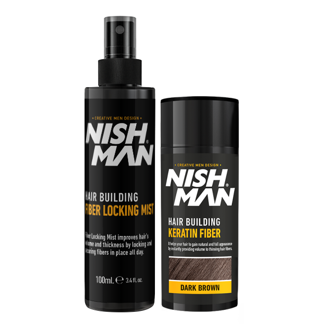 Set fibre cheratinice Olimpstore Nishman Hair Building Keratin Fiber Dark Brown, flacon negru.