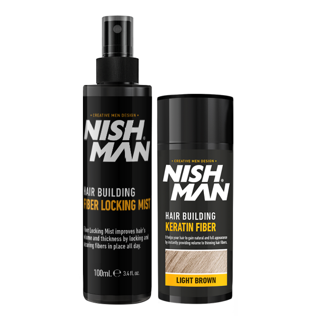 Set fibre păr rar Nishman Light Brown, Olimpstore, flacon negru.