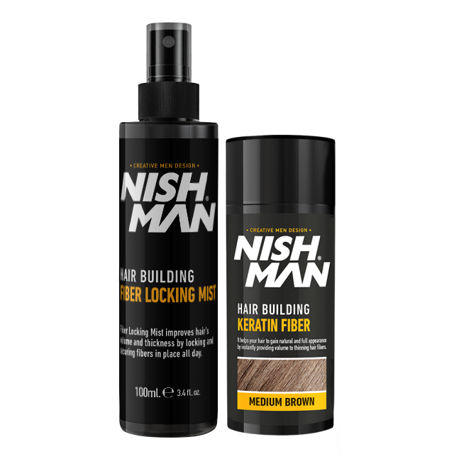 Set fibre keratinice Nishman Hair Building 2in1 Medium Brown de la Olimpstore, flacoane negre.