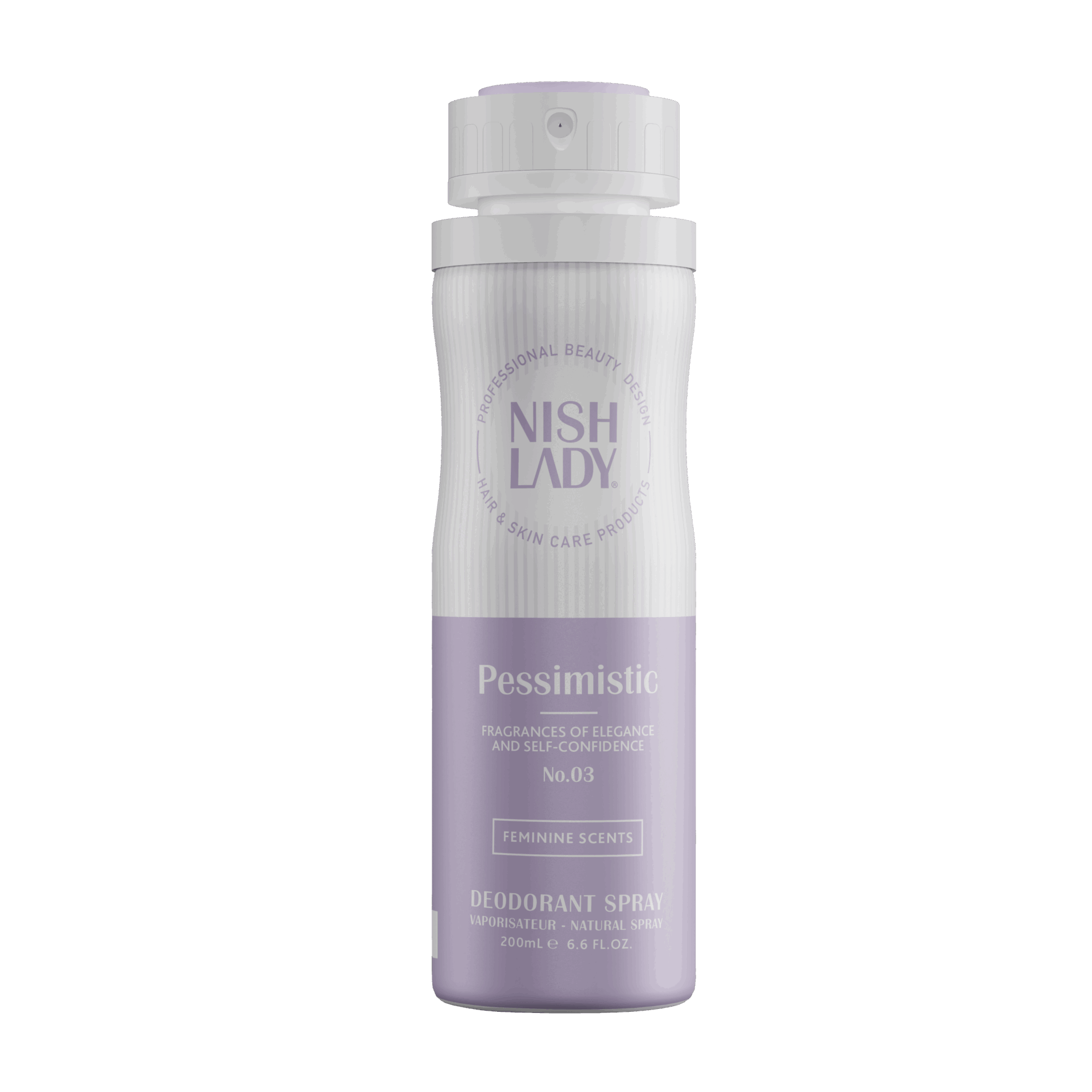 Spray deodorant femei Olimpstore NishLady Pessimistic 03, 200ml, alb și mov.