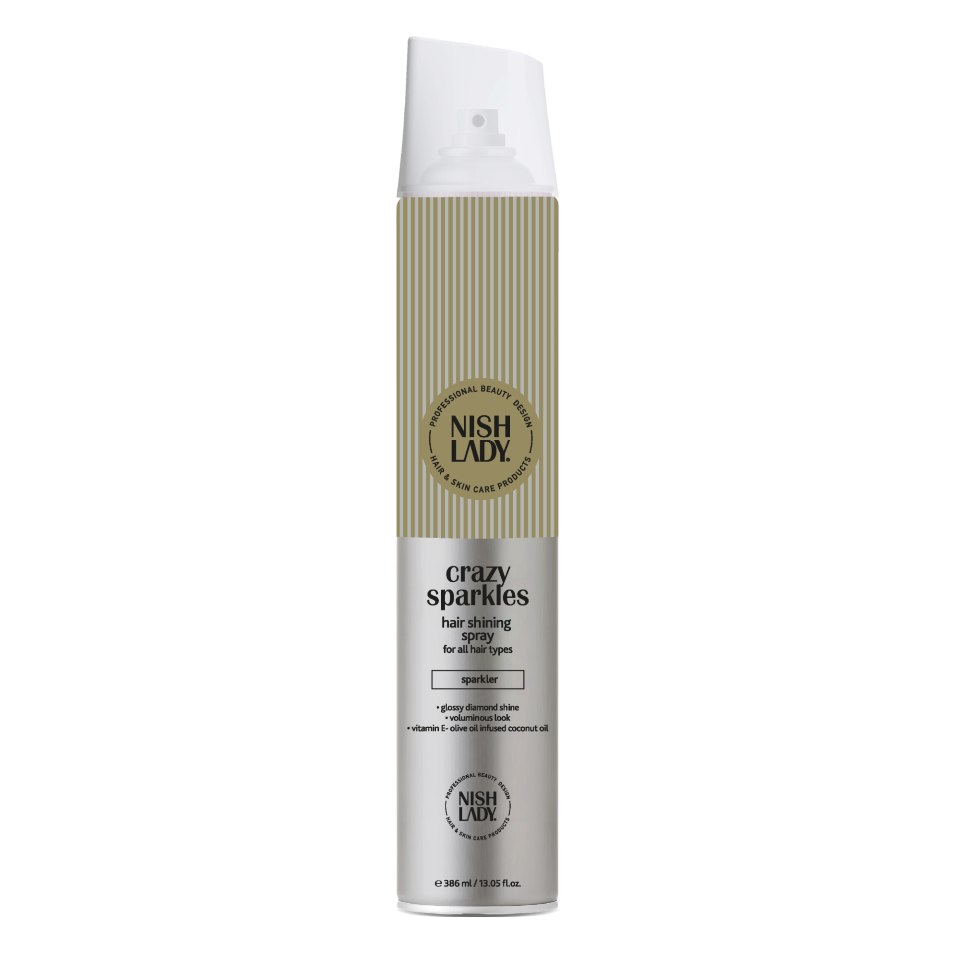 Spray pentru strălucirea părului NishLady 386ml, design alb și auriu, brand Olimpstore.