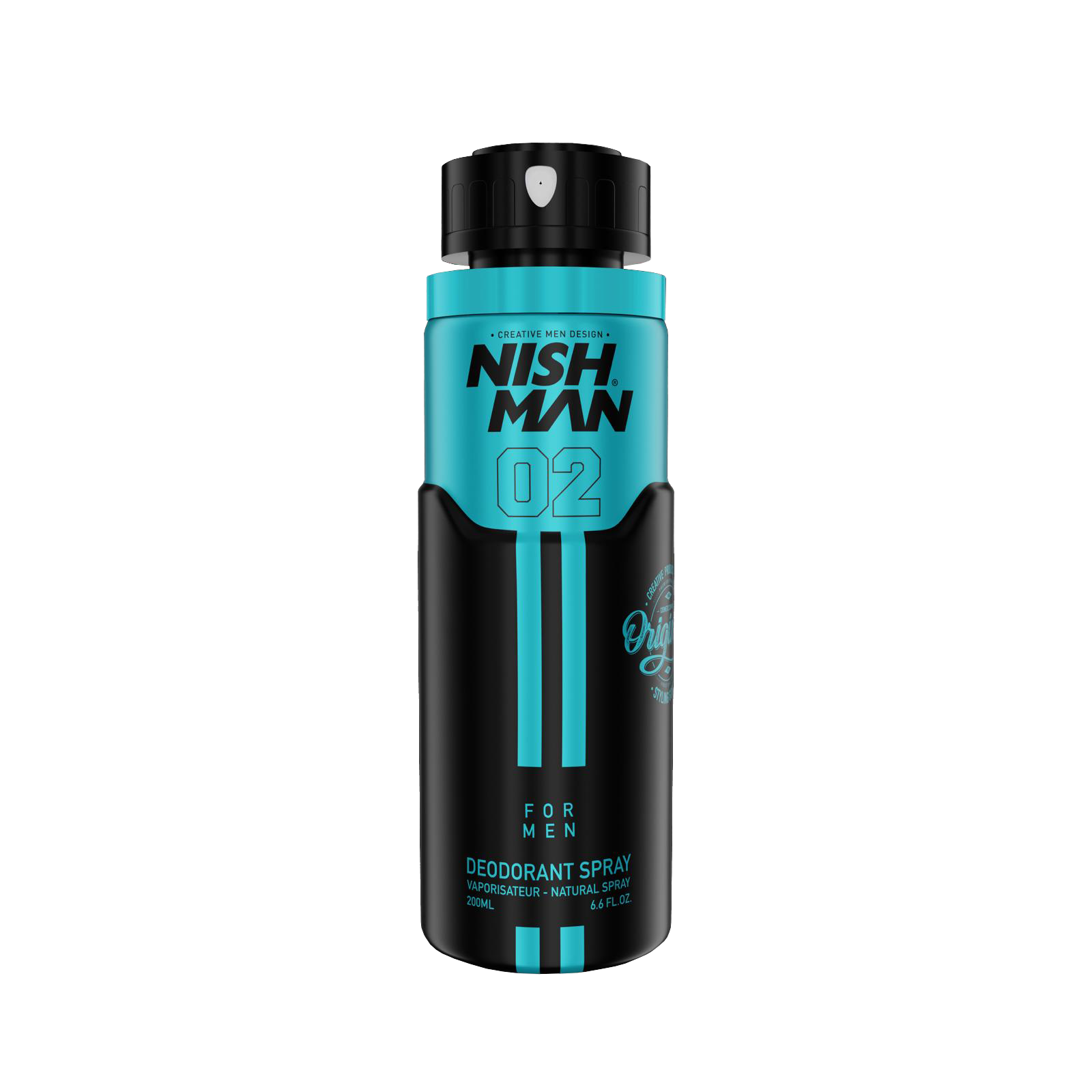 Spray deodorant pentru bărbați Nishman 02 200ml, cutie neagră și turcoaz, brand Olimpstore.