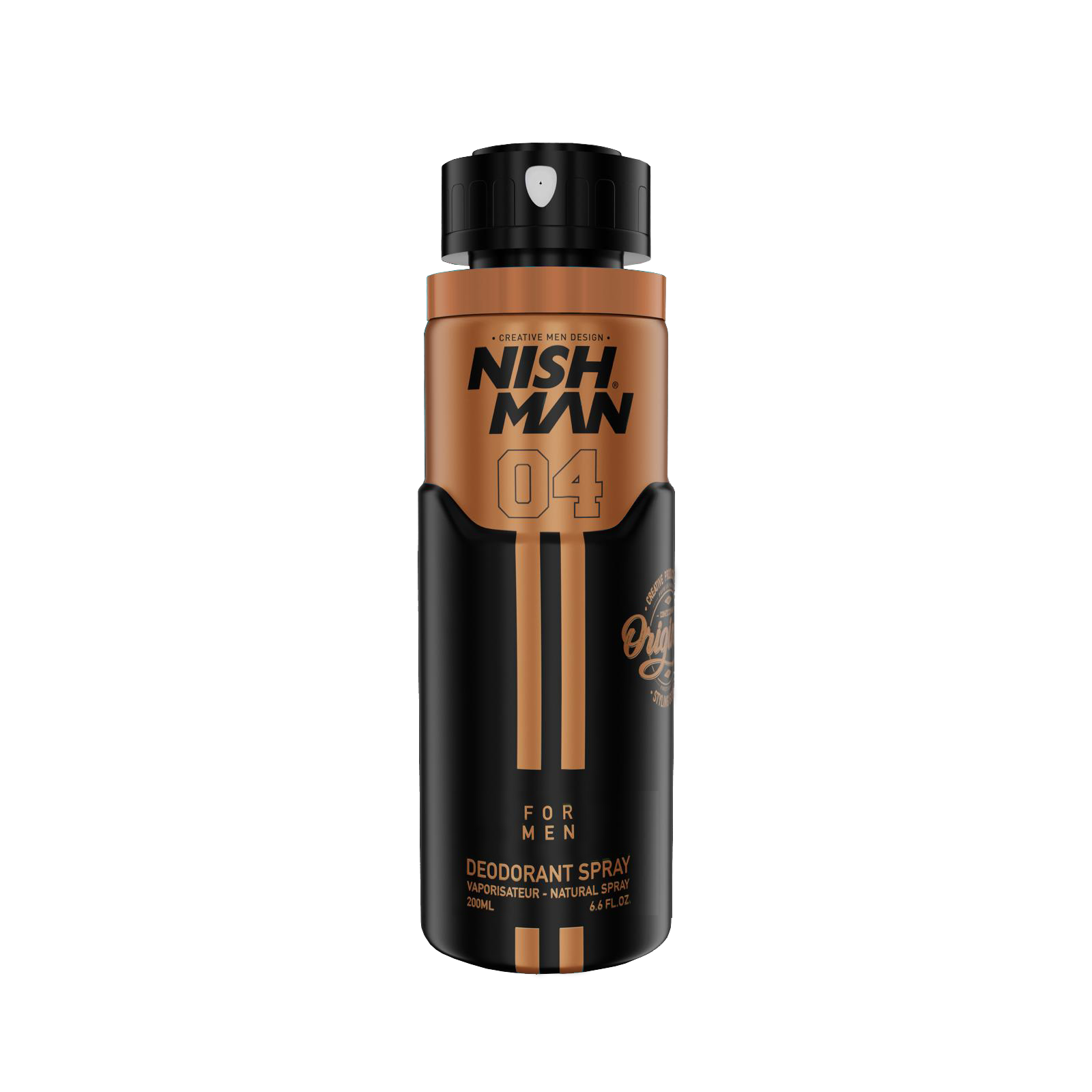 Spray deodorant Nishman 04 pentru bărbați 200ml, Olimpstore, negru și auriu.