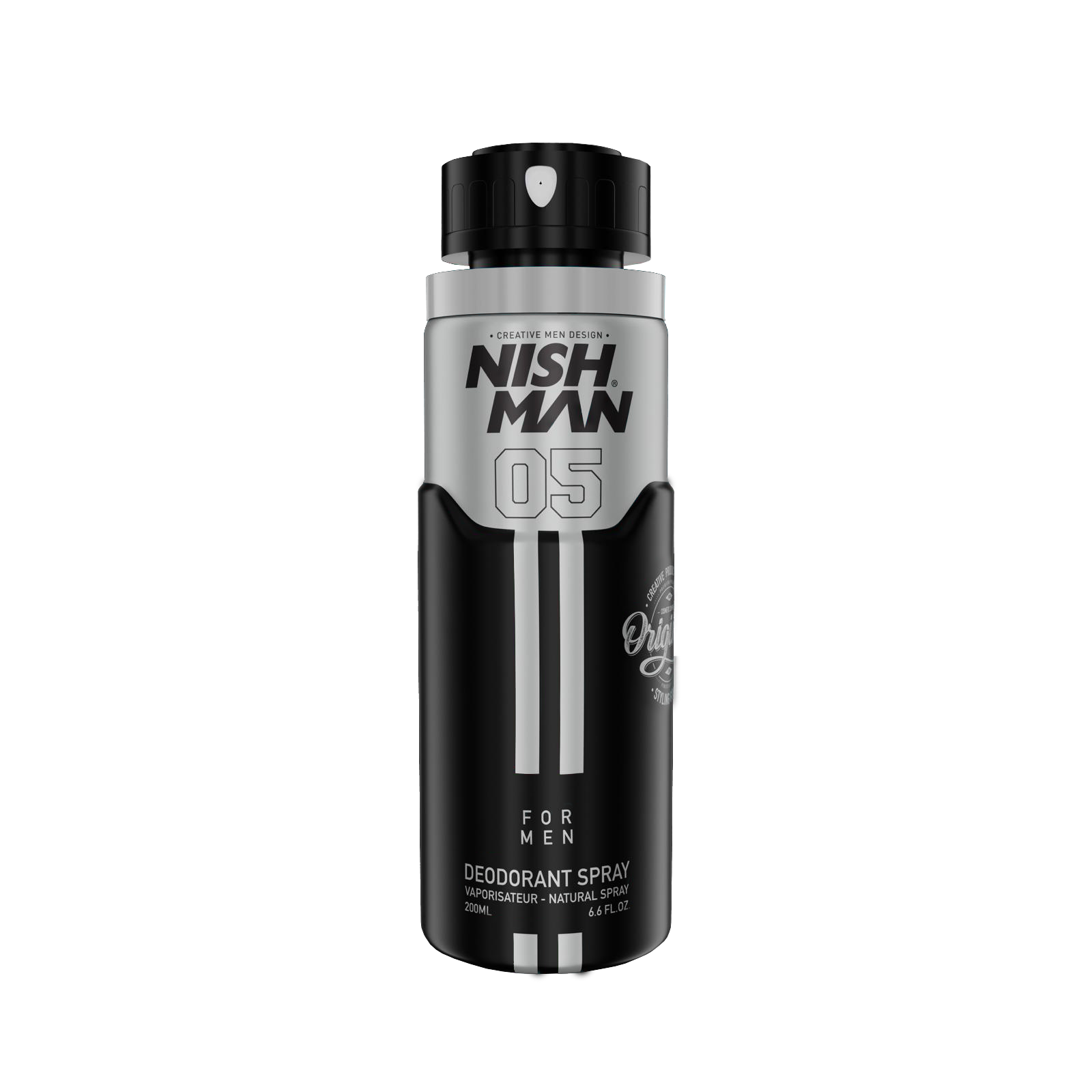Spray deodorant pentru bărbați Nishman 05 200ml, design argintiu-negru, brand Olimpstore.