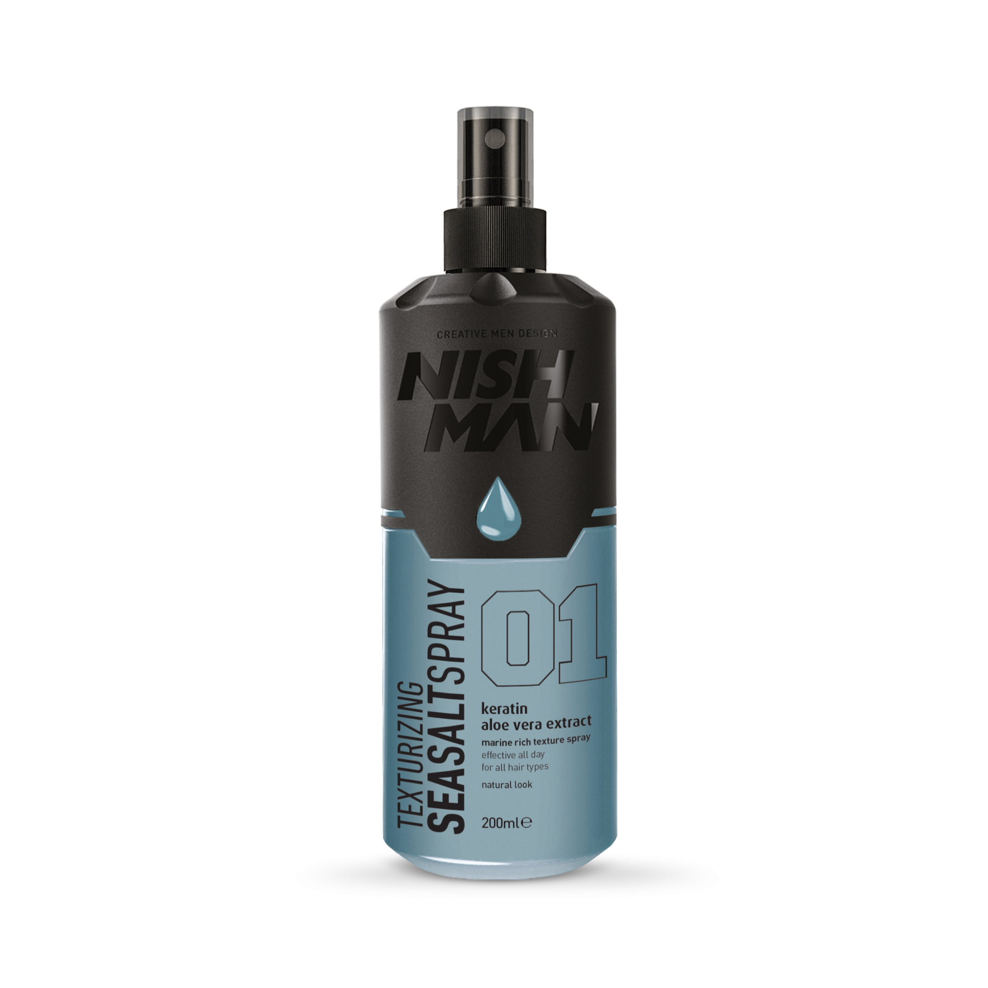 Spray cu sare de mare Nishman Sea Salt Spray 01 200ml, design negru și albastru, brand Olimpstore.