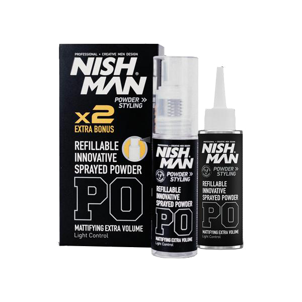 Spray-pudră volumizantă pentru păr Nishman P0 cu ambalaj negru, brand Olimpstore.