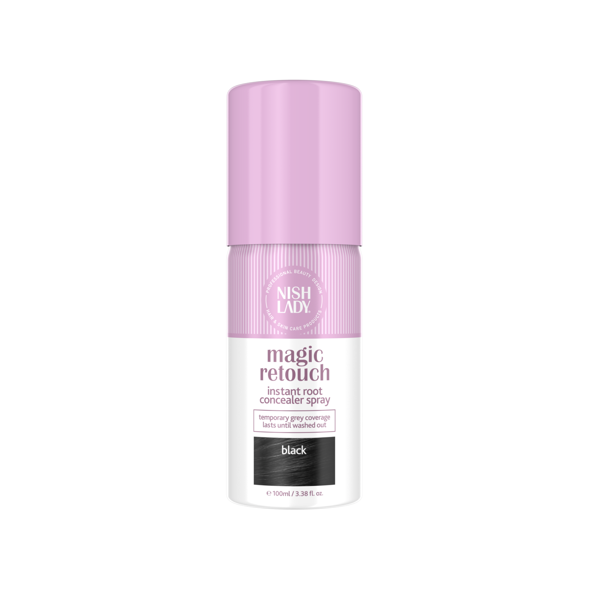 Spray-vopsea Olimpstore NishLady Magic Retouch Black 100ml, capac mov, etichetă albă.