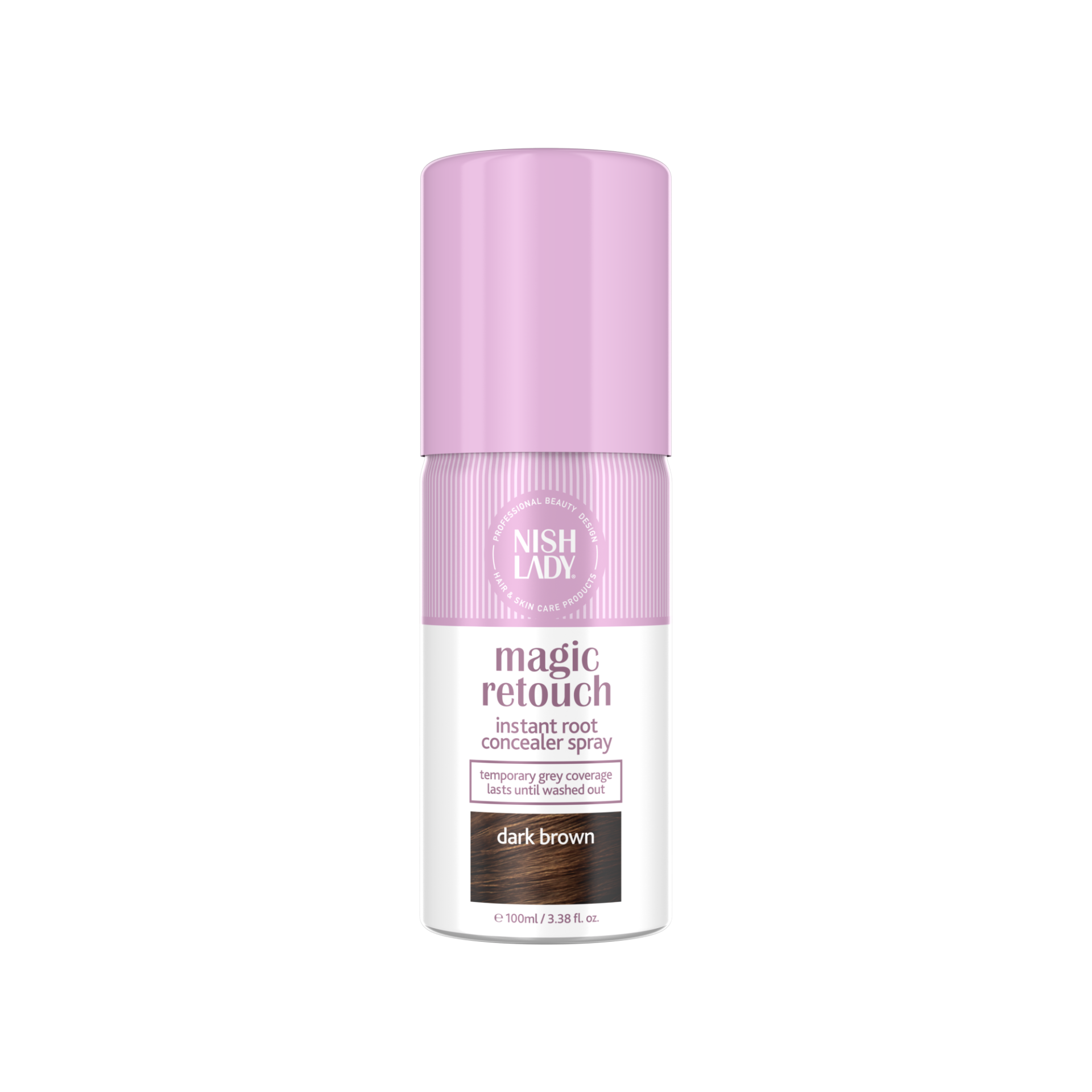 Spray-vopsea pentru păr Olimpstore NishLady Magic Retouch Spray Dark Brown, 100ml, capac roz.