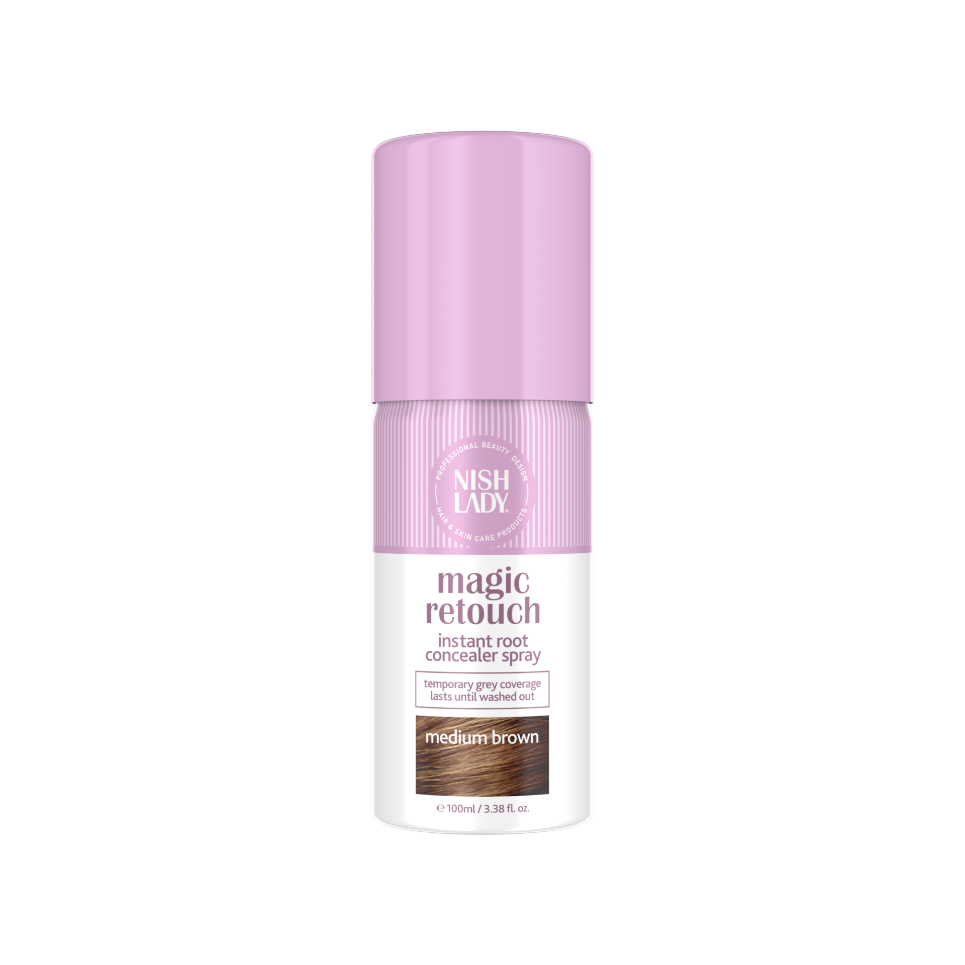 Spray-vopsea păr NishLady Magic Retouch Medium Brown Olimpstore 100ml, ambalaj mov și alb.