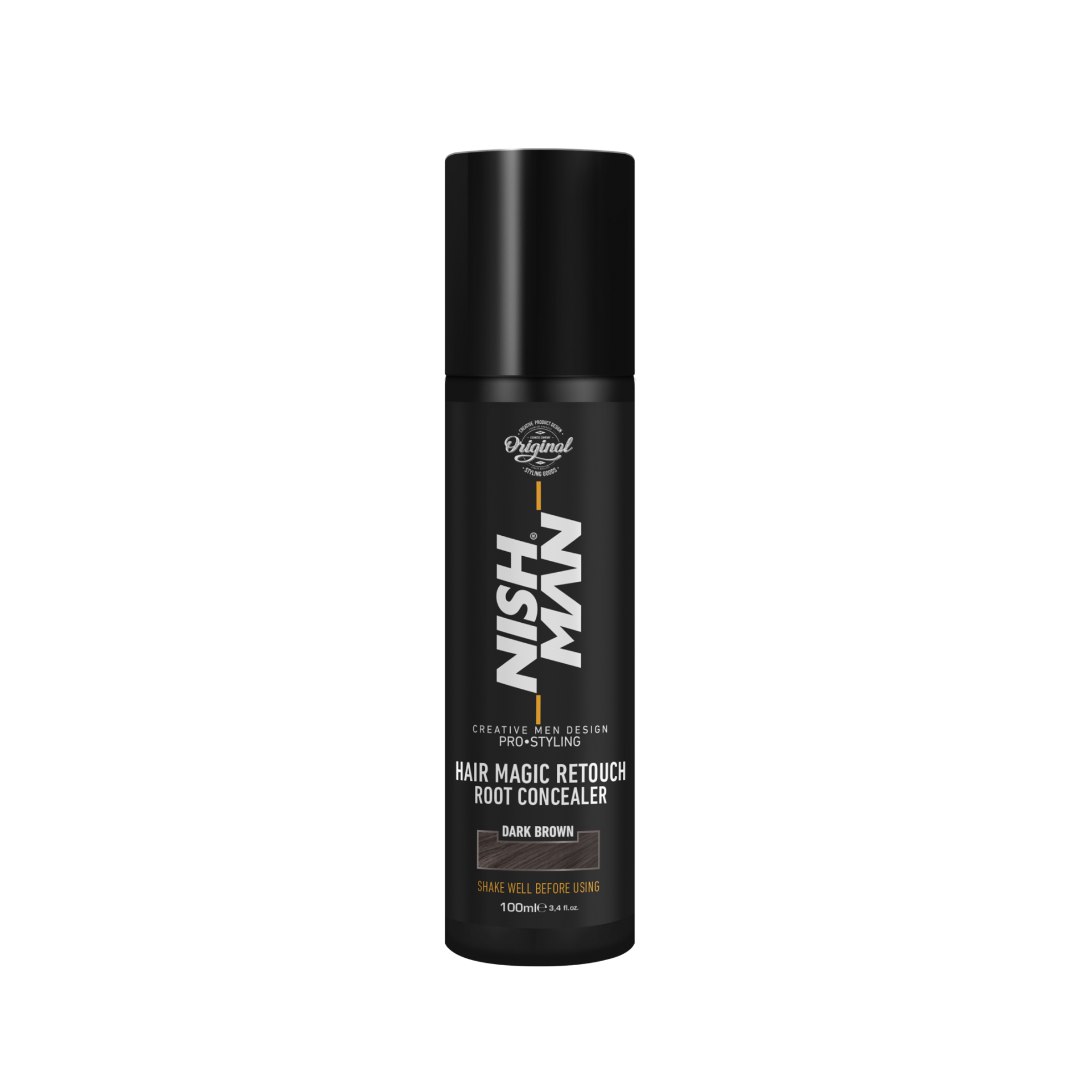 Spray-vopsea păr Nishman Hair Magic Retouch Dark Brown 100ml, Olimpstore, flacon negru elegant.