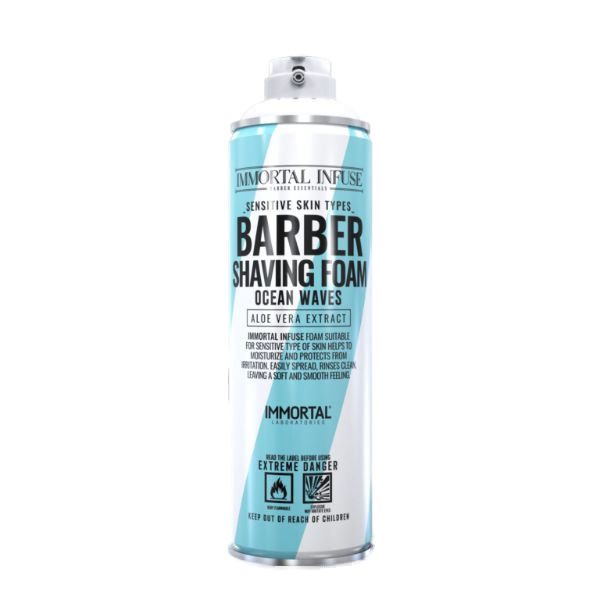 Olimpstore spuma de ras Immortal Barber Ocean Waves 500ml, design albastru și alb.
