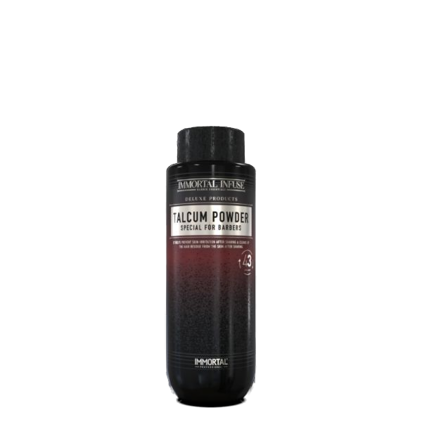 Talc calmant după ras Immortal Infuse 185gr Olimpstore, flacon negru.