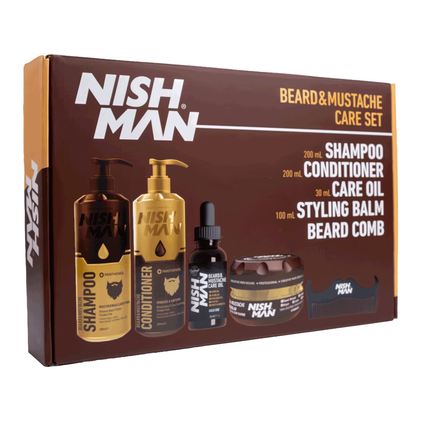 Set pentru barbă Nishman Beard & Mustache Care Set – șampon, balsam, ulei, balsam de styling și pieptene