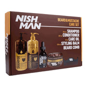 Set pentru barbă Nishman Beard & Mustache Care Set – șampon, balsam, ulei, balsam de styling și pieptene